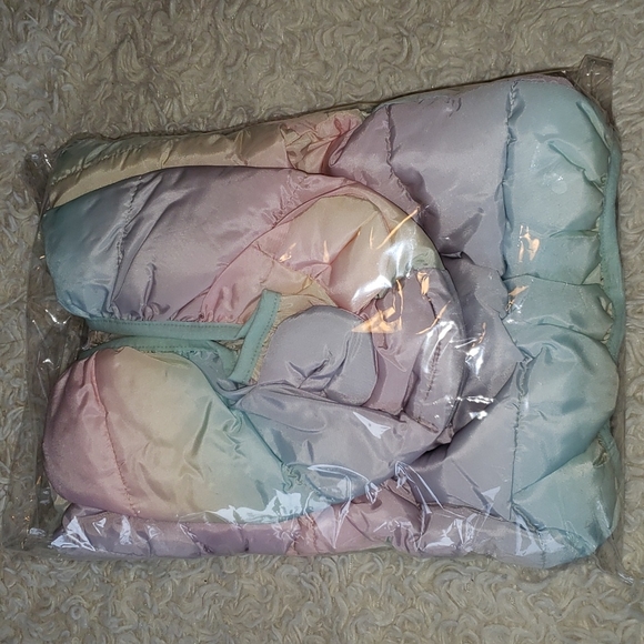 Pastel Rainbow Puffer Zippered Jacket with Teddy Bear Ears 2T - Picture 2 of 7